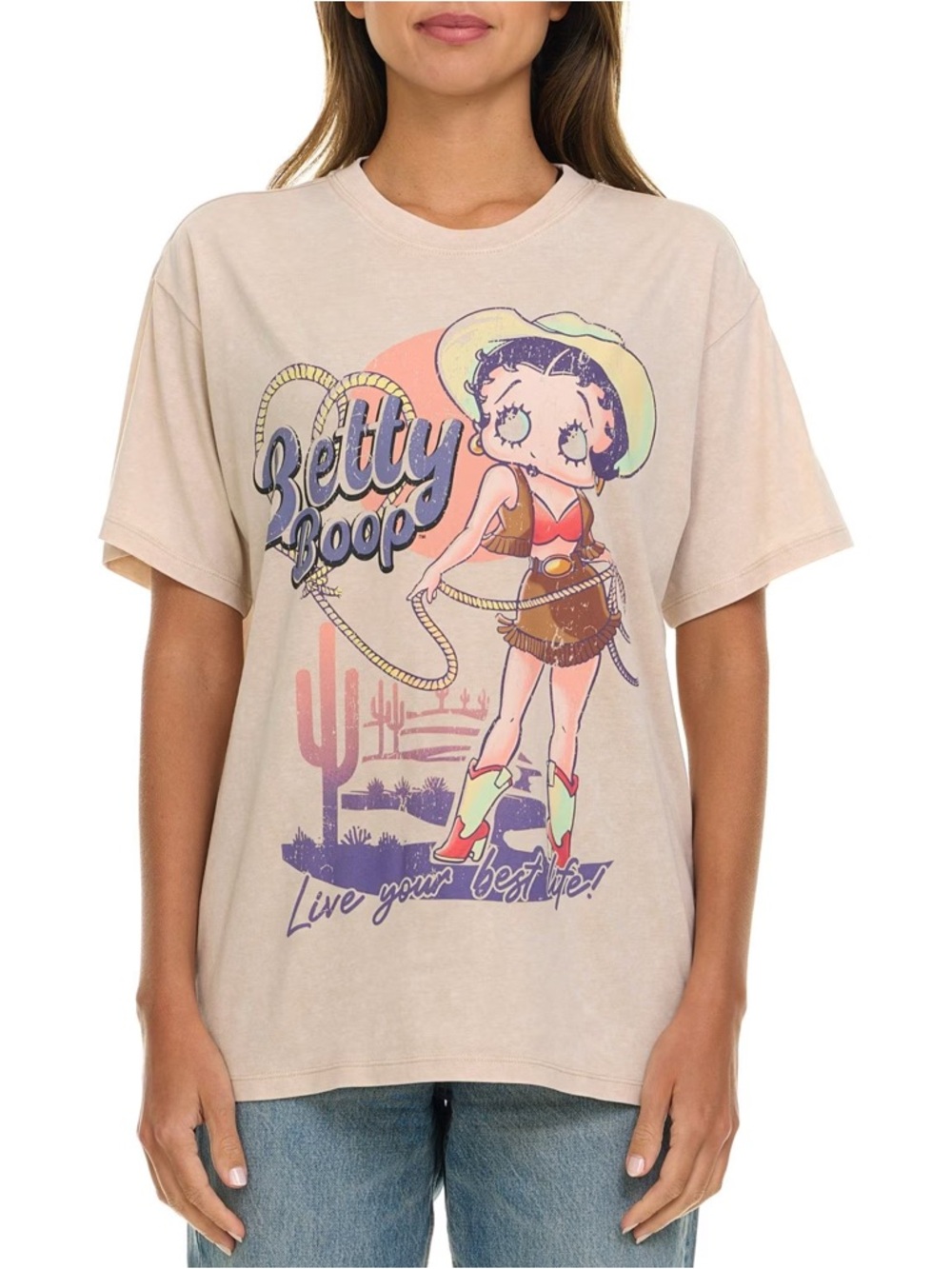 Betty Boop Beige Graphic Tee with Pastel Desert Print